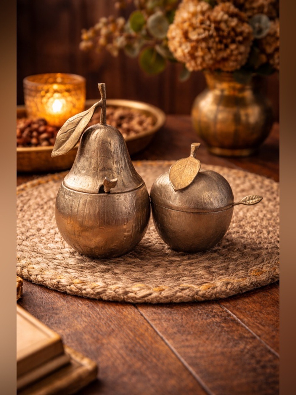 Solid Metal Pear & Apple Lidded Server Set • Sculptural Fruit Motif • Gourmet